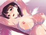  1girl anegasaki_nene areolae armpits blush breasts breasts_outside brown_eyes brown_hair cum female large_breasts love_plus lying nipples on_back open_mouth oryou pussy short_hair smile solo swimsuit tongue 
