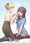  bad_id bad_pixiv_id bdsm blindfold blonde_hair bondage bound brown_eyes collar cuffs food fruit leash multiple_girls original pantyhose red_blindfold strawberry yuri yuyuzuki_(yume_usagi) 