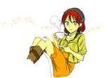  1girl akagami_no_shirayukihime bandage bandanna boots dress green_eyes red_hair saucer shirayuki_(akagami_no_shirayukihime) shirayuki_(ans) sitting solo steam teacup 