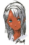  blue_eyes dark_skin dark_skinned_male face gundam looking_at_viewer loran_cehack male_focus nameo_(judgemasterkou) portrait signature silver_hair simple_background sketch solo turn_a_gundam white_background 