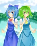  ascot blue_eyes blue_hair blush bow bowtie breasts cirno collared_shirt daiyousei dress fairy_wings green_eyes green_hair grin hair_bow ice ice_wings kyouran lake large_bow looking_at_viewer medium_breasts multiple_girls shirt short_hair side_ponytail small_breasts smile tareme touhou tree wings 