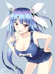  2015 blue_hair breasts cleavage collarbone cowboy_shot dated dripping gin'ichi_(akacia) hair_ornament hair_ribbon hand_on_hip highres i-19_(kantai_collection) kantai_collection large_breasts leaning_forward long_hair looking_at_viewer name_tag off_shoulder one-piece_swimsuit open_mouth red_eyes ribbon school_swimsuit simple_background smile solo star star-shaped_pupils swimsuit symbol-shaped_pupils tri_tails twitter_username very_long_hair wet wet_clothes wet_swimsuit 