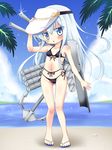  anchor bikini blue_eyes blue_hair cannon hibiki_(kantai_collection) hino_hino kantai_collection long_hair sandals shield solo swimsuit verniy_(kantai_collection) visor_cap 