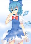  :d blue_eyes blue_hair bow bowtie cirno collared_shirt cowboy_shot dress fog grin hair_bow ice ice_wings kyouran large_bow open_mouth shirt short_hair smile solo touhou tsurime v-shaped_eyebrows wings wiping_nose 