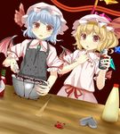  apron bat_wings berries blonde_hair blue_hair bowl brooch bunchou_(bunchou3103) chocolate chocolate_making dutch_angle finger_to_chin flandre_scarlet hat hat_ribbon heart jewelry looking_at_viewer mayonnaise messy mob_cap multiple_girls open_mouth poison red_background red_eyes remilia_scarlet ribbon short_sleeves siblings sisters skull_and_crossbones sweatdrop tabasco table touhou wings 