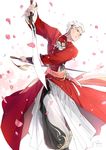  absurdres adapted_costume alternate_costume archer chinese_clothes dark_skin dark_skinned_male dual_wielding fate/stay_night fate_(series) highres holding kanshou_&amp;_bakuya linjie male_focus petals solo sword weapon white_hair 