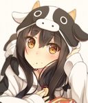  akagi_(kantai_collection) animal_costume black_hair blush brown_eyes cow_costume eating hiiragi_hajime horns kantai_collection long_hair looking_at_viewer solo 