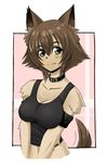 animal_ears artist_request breast_squeeze breasts brown_hair collar dog_ears dog_girl dog_tail fang fur green_eyes kobold large_breasts monster_girl monster_musume_no_iru_nichijou navel polt smile solo tail tail_wagging upper_body 