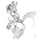  anthro breasts butt canine claws dog female fur guoh hair leaning_forwards looking_back mammal monochrome multicolored_fur nipples nude simple_background sketch solo two_tone_fur white_background 