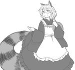  :d animal_ears apron cosplay futatsuiwa_mamizou ganmaganmo glasses greyscale leaf leaf_on_head monochrome motoori_kosuzu motoori_kosuzu_(cosplay) open_mouth raccoon_ears raccoon_tail robe short_hair smile solo tail touhou wavy_hair 