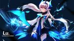  1girl bad_id bad_pixiv_id blue_eyes blue_wings elsword gauntlets headgear long_hair looking_at_viewer luciela_r._sourcream noblesse_(elsword) outstretched_arms silver_hair smile solo spread_arms swd3e2 wings 
