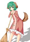  &gt;:) animal_ears blush broom dog_ears dog_tail dress floral_print green_eyes green_hair kasodani_kyouko kyouran leaning_on_broom looking_at_viewer short_hair smile solo tail touhou v-shaped_eyebrows 