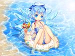  agrt ahoge bad_id bad_pixiv_id barefoot blue_eyes blue_hair bow casual_one-piece_swimsuit cirno finger_to_mouth food hair_bow highres ice ice_cream ice_wings innertube one-piece_swimsuit parfait partially_submerged pocky pointy_ears short_hair solo swimsuit touhou water wet wings 