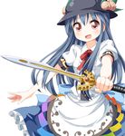  :d blue_hair brown_eyes dragon_quest dragon_quest_swords food fruit hat hinanawi_tenshi holding long_hair looking_at_viewer open_mouth peach ruu_(tksymkw) simple_background smile solo sword touhou weapon white_background 