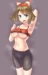  armpits bike_shorts blue_eyes breasts brown_hair hair_ribbon haruka_(pokemon) kazo large_breasts midriff navel open_mouth pokemon pokemon_(game) pokemon_oras ribbon short_hair solo steaming_body sweat underboob 