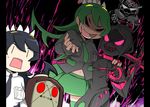  0_0 1boy 3girls :3 bangs black_hair black_shirt brain_drain_(skullgirls) brown_hair clone dark_skin filia_(skullgirls) fukua_(skullgirls) green_hair green_legwear green_skirt long_hair long_sleeves mask miniskirt multiple_girls navel necktie open_mouth painwheel_(skullgirls) parasite pink_eyes prehensile_hair red_eyes samson_(skullgirls) shamone_(skullgirls) shirt short_hair skirt skullgirls smile stitches teeth thighhighs tongue tongue_out white_shirt yellow_eyes |_| 