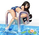  3: ass asui_tsuyu barefoot black_eyes black_hair boku_no_hero_academia feet flower hair_rings lily_pad long_hair low-tied_long_hair noill pool soles solo swimsuit toes 