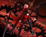  archer black_hair black_legwear blue_eyes bow_(weapon) fate/stay_night fate_(series) field_of_blades gears hair_ribbon highres nbtkm planted_sword planted_weapon ribbon sword thighhighs toosaka_rin two_side_up unlimited_blade_works weapon white_hair zettai_ryouiki 