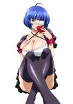 1girl blue_hair breasts eyepatch green_eyes ikkitousen large_breasts official_art ryomou_shimei short_hair sitting solo white_background 