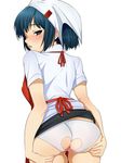  1girl anus ass ass_grab blue_hair blush brown_eyes crotchless_panties from_behind grabbing_own_ass hidekichi_(09075470338) looking_back nakamura_aika panties persona persona_4 persona_4_the_animation pussy simple_background symbol-shaped_pupils uncensored underwear 