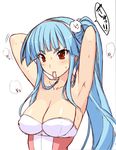  adjusting_hair armpits arms_up blue_hair blush breasts cleavage himukai_kyousuke large_breasts long_hair mouth_hold ponytail red_eyes ring_dream sketch solo tying_hair upper_body yuki_onna_(ring_dream) 