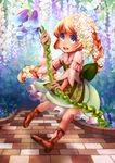  braid dress flower full_body green_eyes hair_flower hair_ornament highres long_hair orange_hair original pavement running_bond sandals single_braid smile solo staff wisteria 