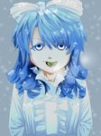  absurdres blue_eyes blue_hair candy drill_hair flytolive food hair_ribbon highres lollipop looking_at_viewer mai_(touhou) ribbon shirt snow solo touhou touhou_(pc-98) 