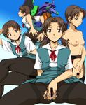  ass bad_id bad_pixiv_id bar_censor black_legwear breasts brown_eyes brown_hair censored freckles garter_belt horaki_hikari looking_at_viewer looking_back neon_genesis_evangelion nipples pantyhose pussy sitting small_breasts smile solo spread_legs spread_pussy torn_clothes torn_legwear twintails yuya 