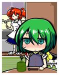  animal_slippers apron blush closed_eyes cup green_eyes green_hair hair_bobbles hair_ornament hat hat_removed headwear_removed kunitori multiple_girls onozuka_komachi open_mouth panda_slippers red_hair ribbon shiki_eiki short_hair smile touhou two_side_up 
