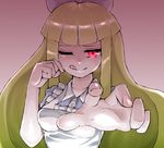  apron artist_request black_alice_(mon-musu_quest!) blonde_hair dress female foreshortening hair_ribbon hashimoto_(soukidann2010) licking_lips long_hair mon-musu_quest! monster_girl one_eye_closed red_eyes ribbon solo tongue tongue_out wink winking 