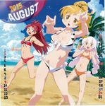  3girls absurdres alternate_hairstyle august bikini blonde_hair breasts calendar_(medium) fang highres kikuta_kouichi large_breasts long_hair mahou_shoujo_madoka_magica mahou_shoujo_madoka_magica_movie midriff momoe_nagisa multiple_girls number o-ring o-ring_top official_art ponytail quality red_eyes red_hair sakura_kyouko smile swimsuit tomoe_mami white_hair yellow_eyes 