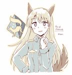  animal_ears any_(lucky_denver_mint) blonde_hair blush eila_ilmatar_juutilainen fox fox_ears fox_tail hand_on_hip long_hair long_sleeves military military_uniform open_mouth pointing purple_eyes smile solo star strike_witches tail twitter_username uniform world_witches_series 