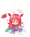  blush book book_on_head chibi collared_shirt detached_wings dress_shirt koakuma long_hair necktie object_on_head open_book paper pile_of_books red_eyes red_hair sad shirt simple_background solo tears totoharu_(kujirai_minato) touhou translated vest wavy_eyes wavy_mouth white_background white_shirt wings 