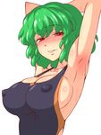  armpits arms_up breasts competition_swimsuit covered_nipples green_hair hanazuka_ryouji kazami_yuuka large_breasts naughty_face one-piece_swimsuit red_eyes sideboob solo sweat swimsuit touhou wet 