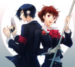  1girl blue_eyes blue_hair brown_hair female_protagonist_(persona_3) gun handgun headphones persona persona_3 persona_3_portable pistol red_eyes staff tso_(ragiaxe) weapon yuuki_makoto 