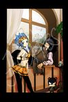  1boy 1girl black_hair blue_hair cat fairy_tail gajeel_redfox levy_mcgarden pantherlily pantyhose piercing sitting skirt window 