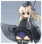  artist_name black_dress black_legwear blonde_hair blue_eyes blush covered_navel cropped_jacket dress dress_lift flying_sweatdrops garrison_cap hat kantai_collection long_hair long_sleeves looking_down machinery pantyhose pantyhose_pull puffy_long_sleeves puffy_sleeves sasamashin school_swimsuit signature solo swimsuit swimsuit_under_clothes thigh_gap u-511_(kantai_collection) 