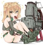  bare_shoulders blonde_hair blush boots bow breasts crop_top double_bun fingerless_gloves food gloves kantai_collection long_hair machinery michishio_(kantai_collection) mouth_hold okiraku_nikku partially_visible_vulva popsicle short_shorts shorts sideboob small_breasts solo twintails yellow_eyes 