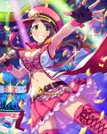  artist_request belt black_hair breasts cleavage confetti earrings fingerless_gloves gloves green_eyes hat idolmaster idolmaster_cinderella_girls jewelry large_breasts microphone necktie official_art peaked_cap pink_skirt ponytail skirt solo thighhighs yamato_aki 
