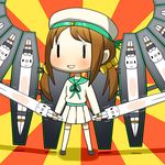  batsubyou beret bow brown_hair cat chibi clothes_writing commentary_request dual_wielding error_musume gedou-moebuta_wd girl_holding_a_cat_(kantai_collection) hair_bow hat holding kantai_collection persona persona_3 pleated_skirt ribbon school_uniform serafuku short_twintails shoshinsha_mark skirt smile sunburst thanatos too_many too_many_cats twintails |_| 