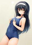  :o black_hair blush breast_conscious collarbone covered_navel girls_und_panzer hairband hands_on_own_chest highres long_hair looking_at_viewer one-piece_swimsuit reizei_mako school_swimsuit shinozuka_jouji solo swimsuit very_long_hair wet yellow_eyes 