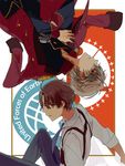  aldnoah.zero blue_eyes brown_eyes brown_hair epaulettes gun holster jacket_on_shoulders jin_(rewind00) kaizuka_inaho male_focus multiple_boys necktie short_hair silver_hair slaine_troyard upside-down weapon 