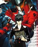  amamiya_ren arsene_(persona_5) black_hair card english hand_in_pocket height_chart highres holding holding_card no_eyewear official_art persona persona_5 school_uniform short_hair shuujin_academy_uniform smile soejima_shigenori turtleneck 