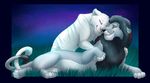  2015 black_hair blue_fur cuddling duo feline female feral fur grey_fur hair lion male mammal night purple_eyes smile spots tawnix tiger white_fur yellow_eyes 