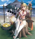  beach blonde_hair blue_eyes blue_sky breasts campfire cape chain_chronicle cleavage_cutout cloud commentary_request crown day elbow_gloves fingerless_gloves fish food gloves grilling hair_ornament hair_ribbon highres holding huge_weapon kebab knife large_breasts licking_lips long_hair looking_at_viewer masao midriff ocean outdoors panties pantyshot pantyshot_(sitting) pot puffy_short_sleeves puffy_sleeves ribbon see-through shirt short_sleeves sitting sitting_on_tree_stump skirt sky solo soup thighhighs thighs tongue tongue_out tree_stump underwear weapon white_gloves white_legwear white_panties 