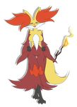  2015 anthro breasts cute delphox female fire fur latiar looking_at_viewer nintendo nude open_mouth plain_background pok&eacute;mon pok&eacute;morph red_eyes red_fur stick teeth tongue tuft video_games white_fur yellow_fur 