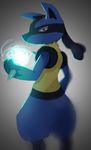 2015 ambiguous_gender blue_fur butt canine cold_yellowtail energy feral fur grey_background light looking_at_viewer looking_back lucario mammal nintendo plain_background pok&eacute;mon red_eyes shadow solo spikes standing video_games 