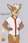  annoyed anthro balls bottomless clothed clothing color_swatch cub flat_colors grumpy half-dressed hands_on_hips kaden_(deer) looking_away male model_sheet penis penis_tip sheath shirt solo standing young zaxstar 