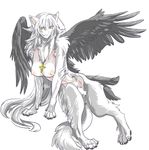  anthro avian breasts canine female hair hybrid isaki mammal nipples plain_background sitting white_hair wings wolf yellow_eyes 