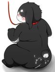  abstract_background ambiguous_gender big_ears blush butt collar cum cum_on_butt floppy_ears half-closed_eyes lagomorph leash mammal nipples nude obese overweight rabbit rear_view reki_(artist) shy sitting solo submissive 